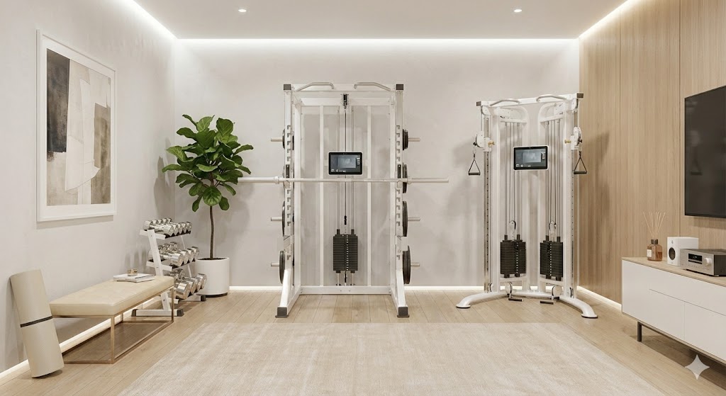 普通のジムのフロアにマシンが並ぶ様子